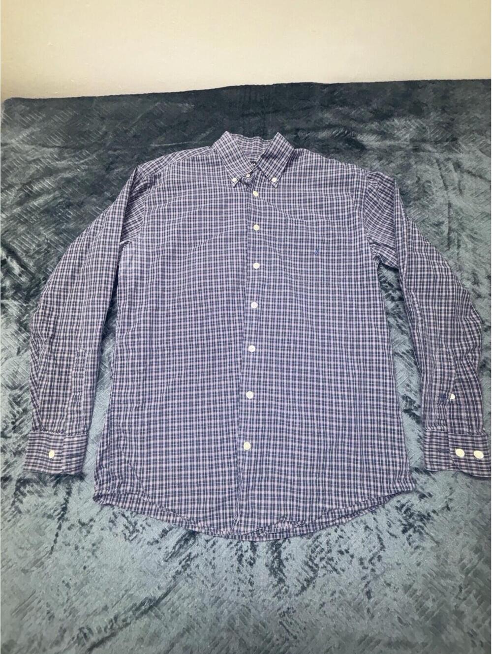 Nautica Men’s Navy Blue Plaid Dress Shirt Medium Long Sleeve Button Down